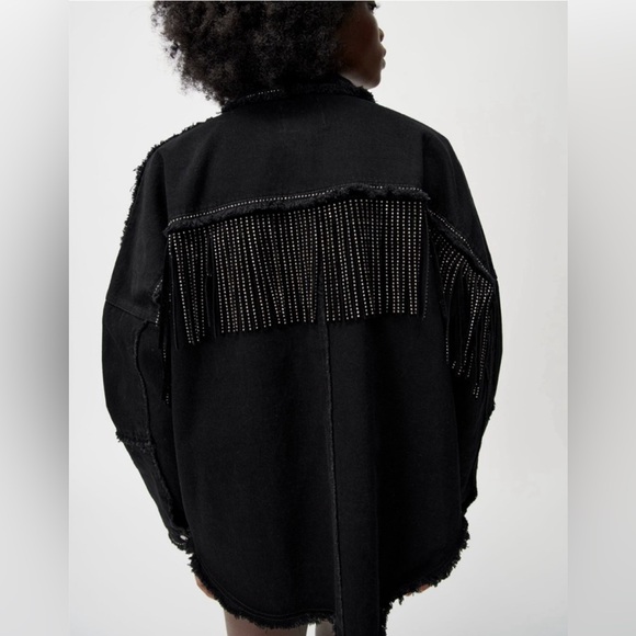 Zara black denim fringe rhinestone jacket size XS - Picture 12 of 12
